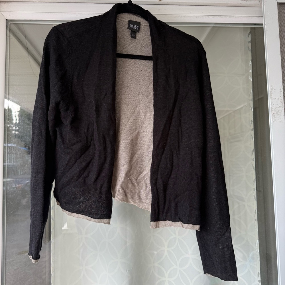 Eileen Fisher Wool Blend Open Front Cardigan Sweater Women's size Large Black